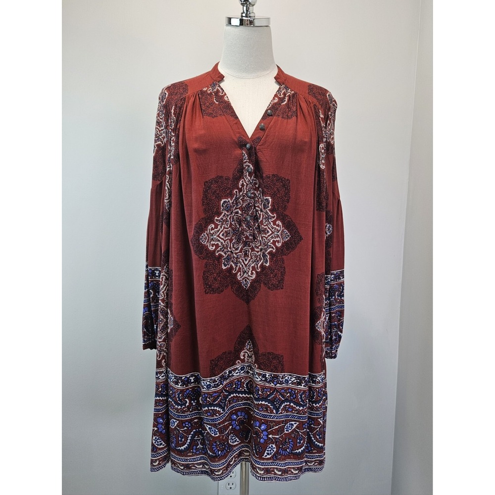 Free People Rust Red Medallion Print Boho Mini Dress Long Sleeve Size M